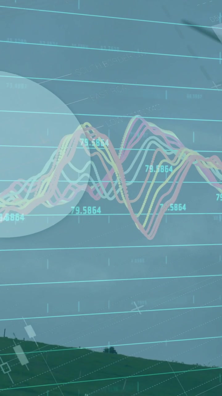 Vertical video: Tech overlay updating on start, animating waveforms, percentages, bars over hill