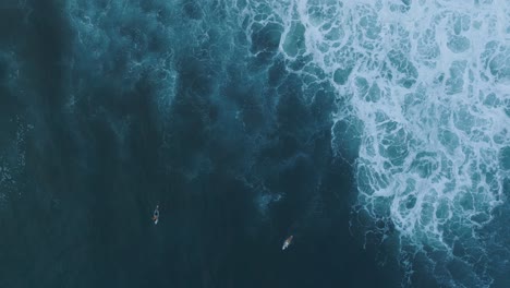 aerial top down slow motion drone view of surfers el tunco el salvador