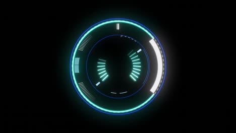 Digital-animation-of-neon-round-scanner-against-concentric-squares-moving-on-black-background