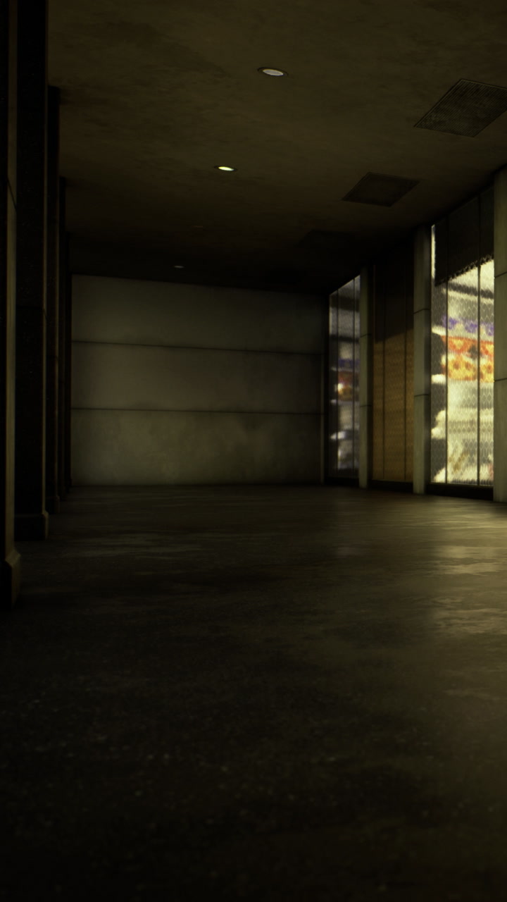 Abandoned corridor with windows showing items in a city