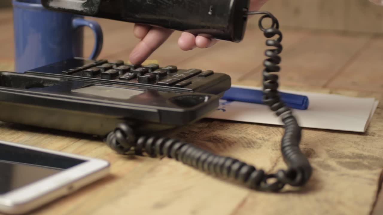 태블릿이 있는 검은색 사무실 전화에 손으로 전화 걸기