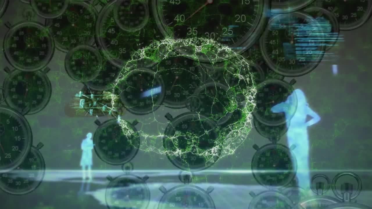 animación del cerebro digital sobre el procesamiento de datos y relojes móviles