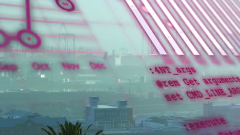 animación del procesamiento de datos estadísticos frente a una vista aérea del paisaje urbano