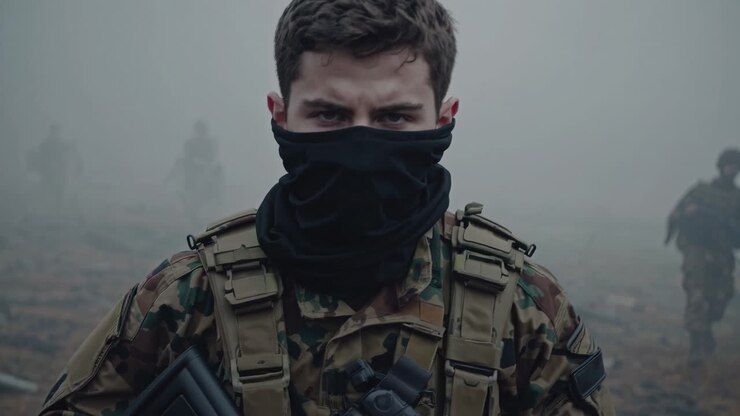 Soldier wearing camouflage uniform and a black balaclava stands in the fog, holding a rifle, with other soldiers in the background, creating a dramatic scene of military presence and readiness