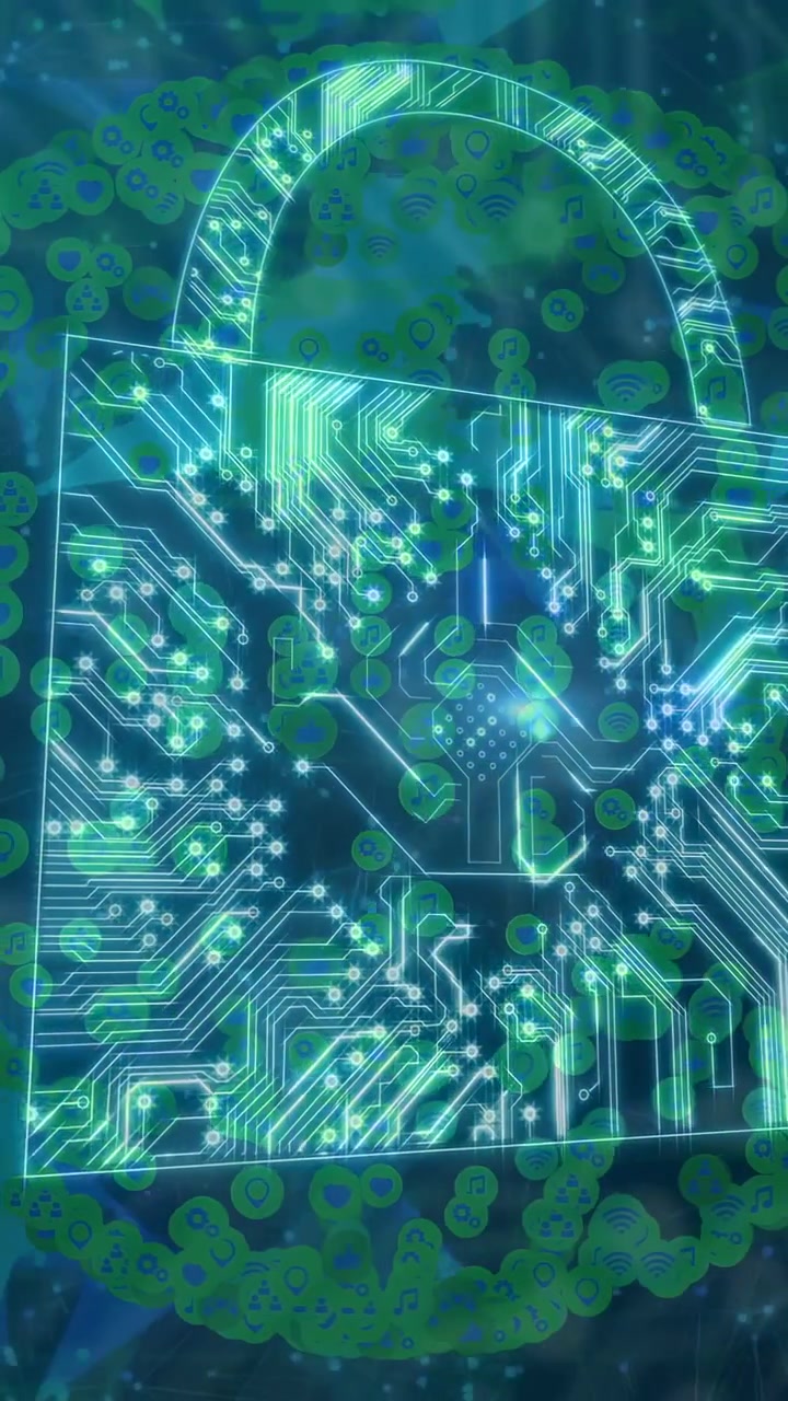Vertical video: Neon line drawing lock forming as traces glowing and nodes orbiting, showing safety