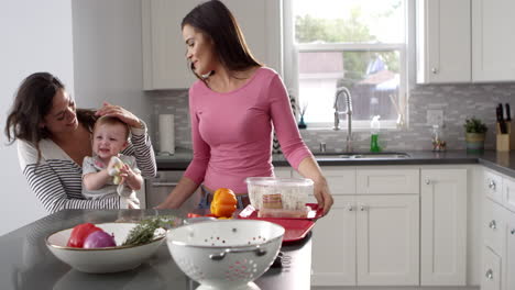 Female-parents-with-baby,-preparing-a-meal-in-their-kitchen,-shot-on-R3D