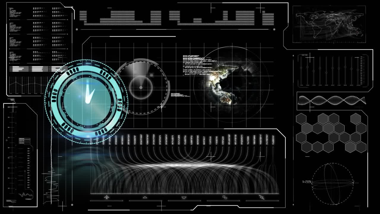 빠르게 움직이는 시계의 애니메이션과 디지털 화면의 데이터 처리