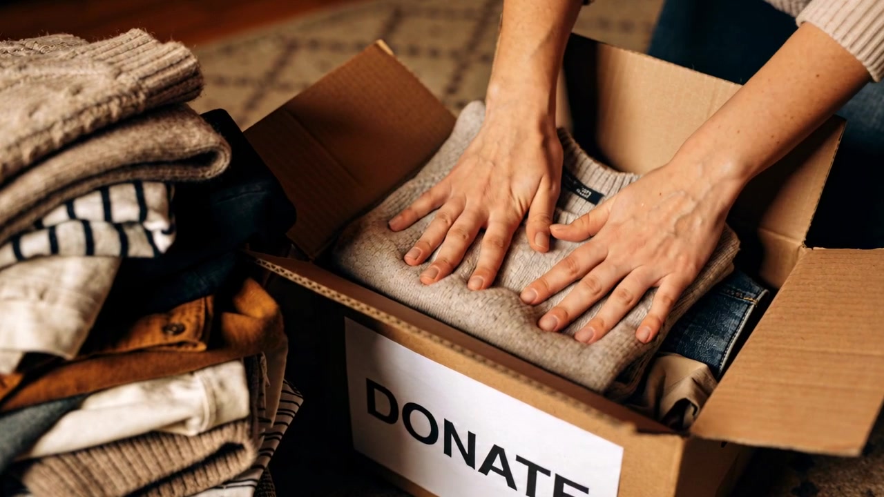 Mettendo un maglione grigio, mani che premono e allineano in una scatola etichettata DONARE per la donazione a casa.