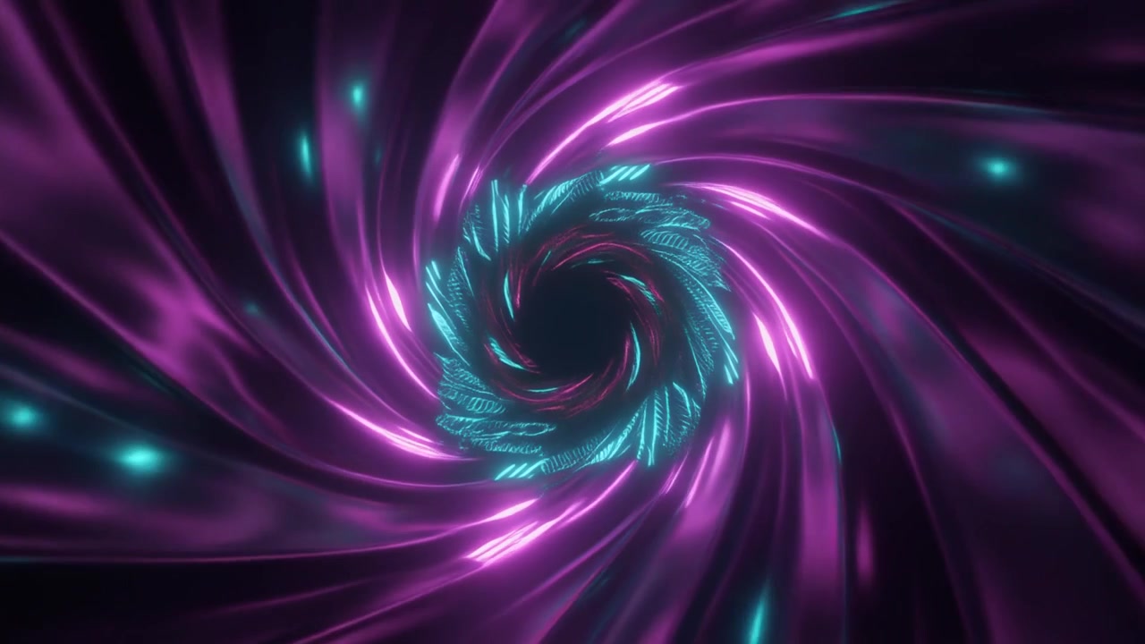 Animazione 3D astratta di un tunnel a vortice luminoso viola e ciano
