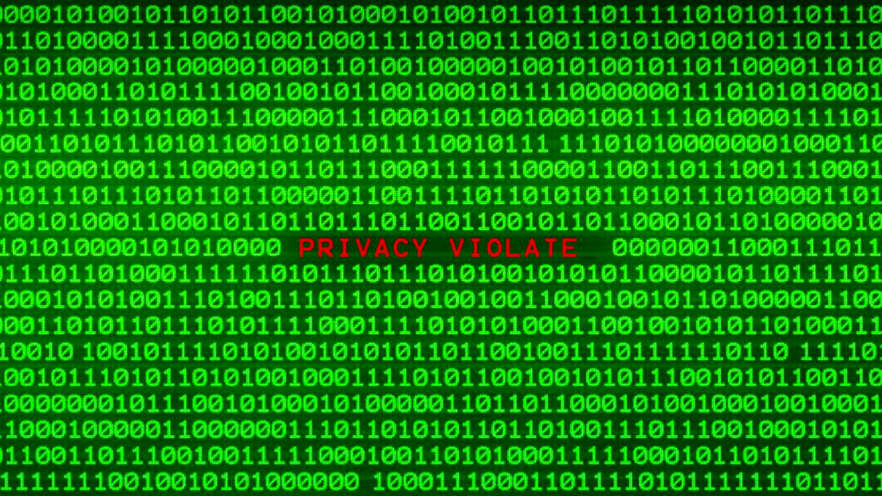 PRIVACY VIOLATED Word Revealing on Wall of Green Binary Code  Between Random Binary Data Matrix Background