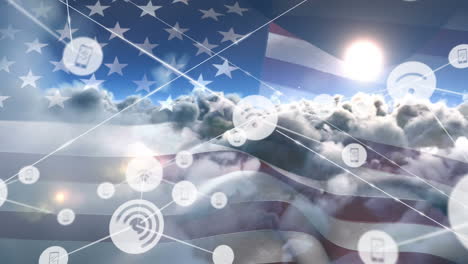 animación de la red de conexiones de iconos con wi-fi sobre bandera de ee.uu. y nubes