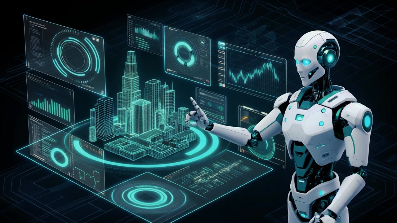Futuristic Robot Interacting with Holographic City Model and Data Interface