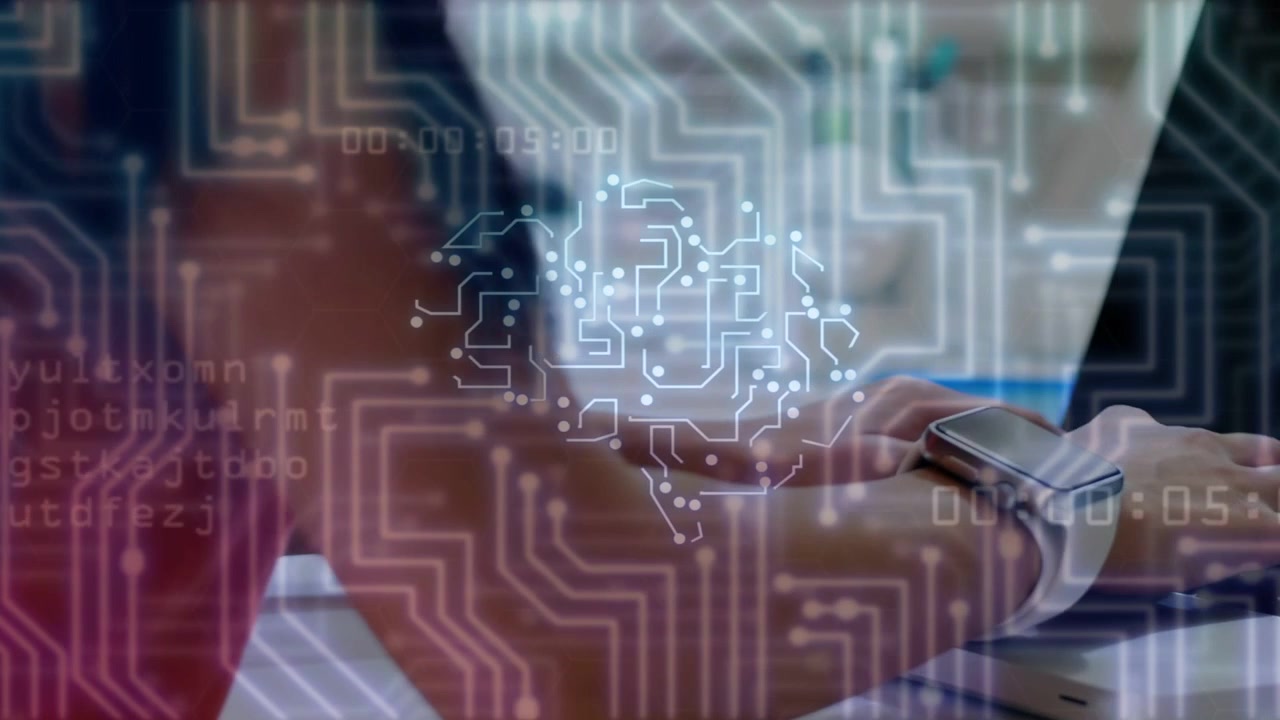 Female tech worker typing on laptop, causing circuitry and brain icon syncing with smartwatch