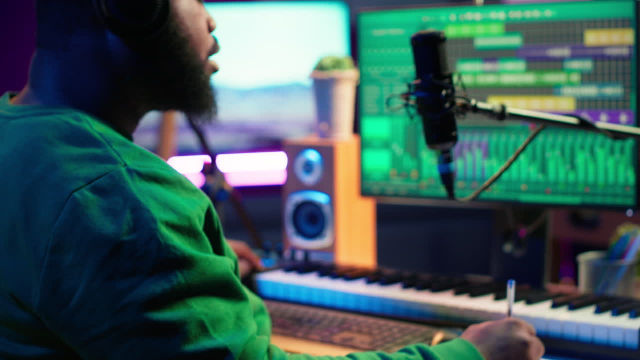 un talentoso compositor famoso escribe nuevos versos y letras en su estudio casero.