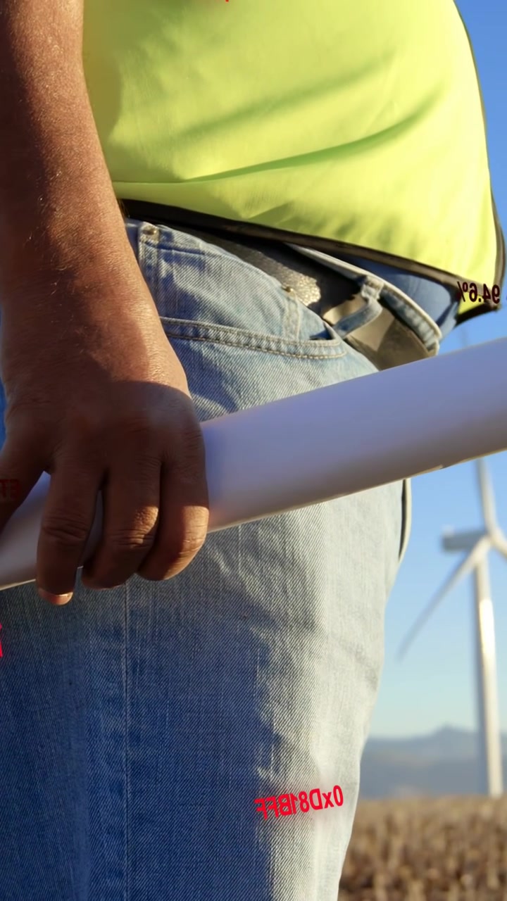 Vertikální video: Muž v reflexní vestě upravující úchop, pohybující trubicí, s překrytím sledujícím ruku k turbíně pro průzkum.