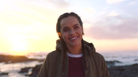 Face,-smile-and-woman-laughing-at-beach