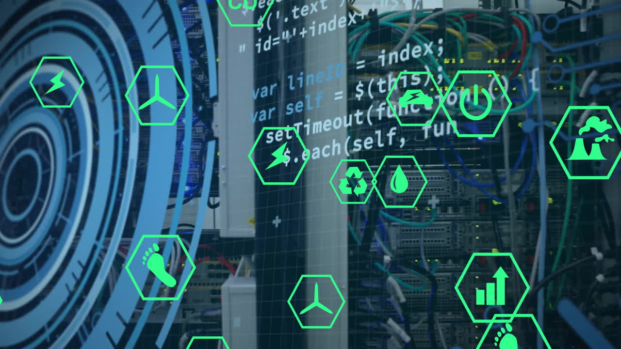animación de iconos eco digitales y procesamiento de datos a través de servidores informáticos
