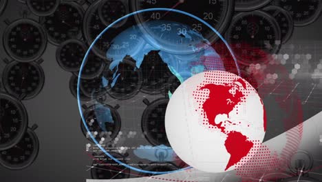 animation of globe with network of connections and data processing over clocks