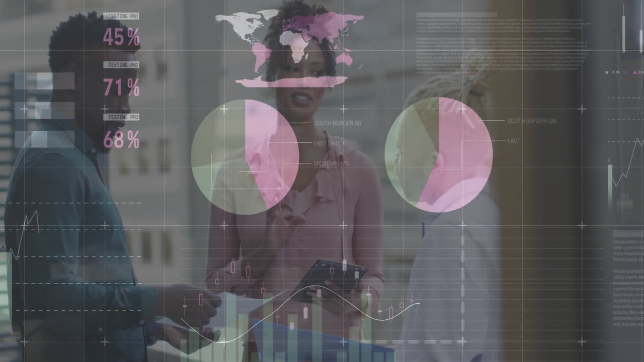 Animation of data processing and diagrams over diverse colleagues talking in office