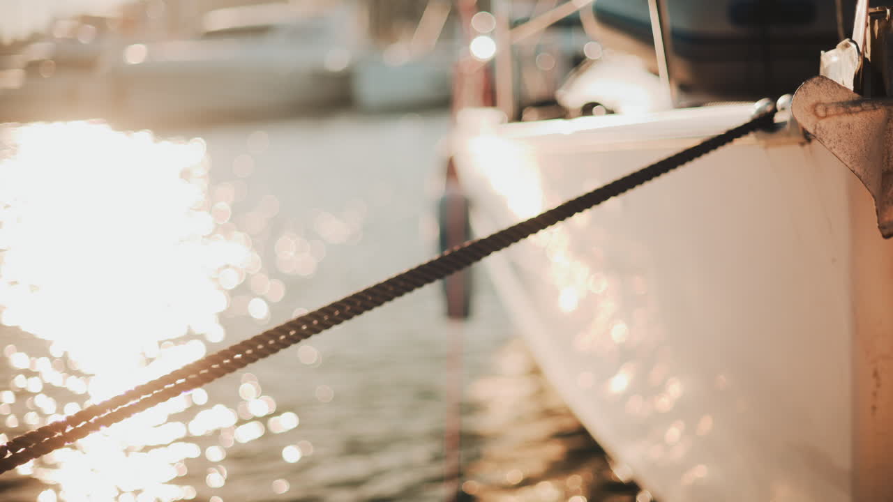 Golden sunlight shimmering on the side of a yacht floating on calm water
