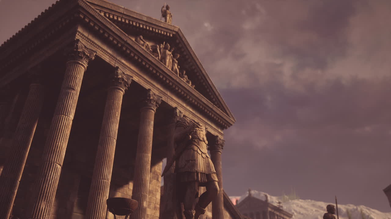 Historic temple with towering columns under a dramatic sky at sunset