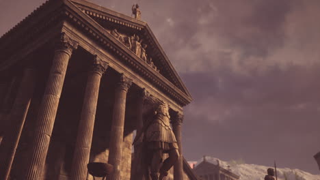 historic temple with towering columns under a dramatic sky at sunset