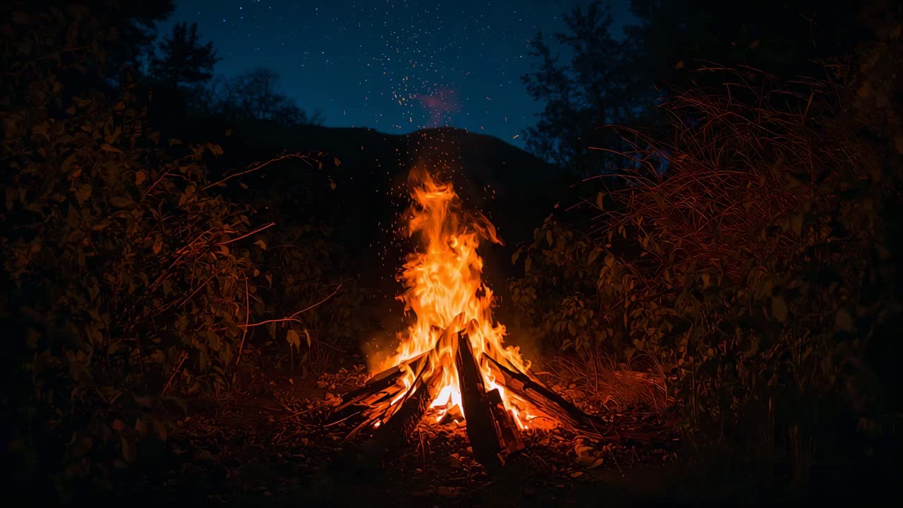 Burning stacked logs flickering and shifting flame column in night clearing, glowing embers rising