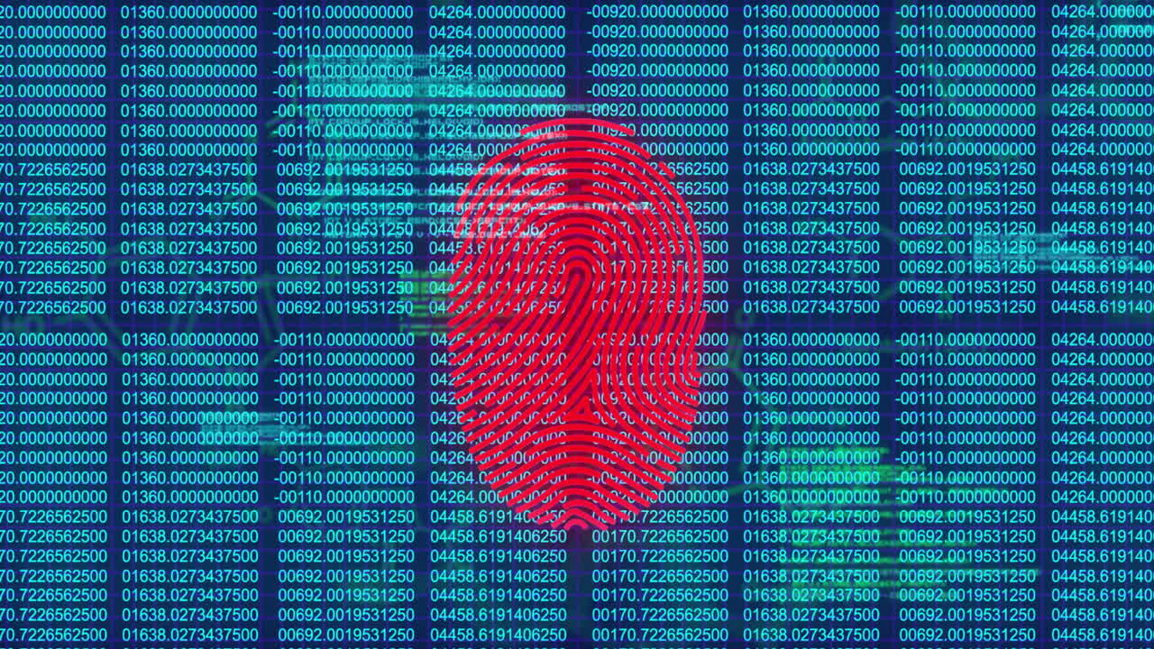 Fingerprint scanning animation over digital binary code background