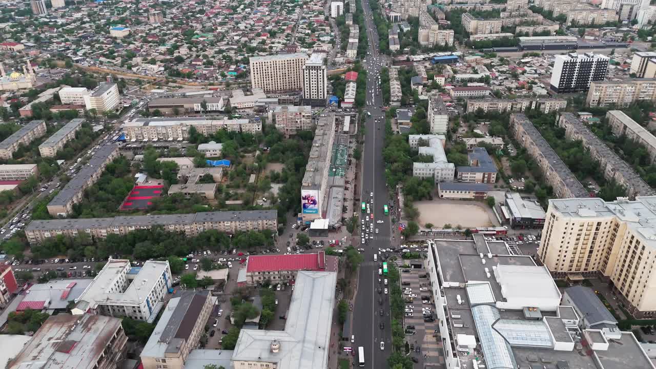 Aerial view of Bishkek, the capital city of Kyrgyzstan main road traffic