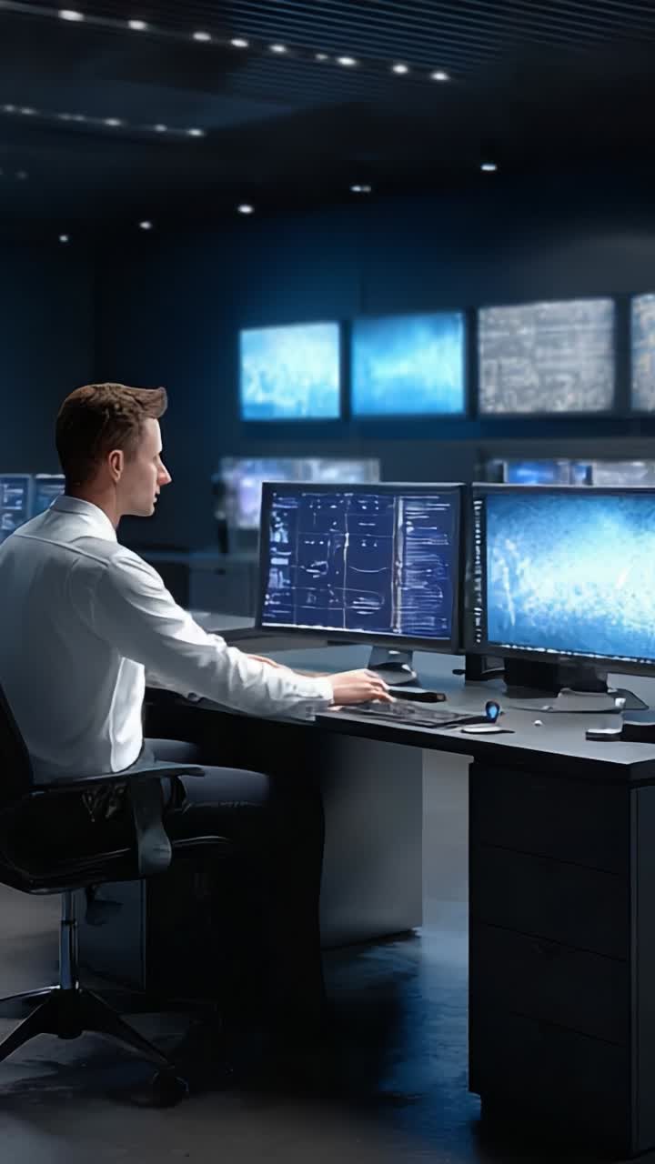 Professionista concentrato che analizza dati su più schermi in un centro di controllo high-tech, illuminato da una tenue illuminazione ambientale e da molteplici monitor.
