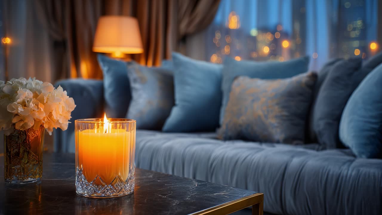 En fredfyldt aftenstemning med et glitrende stearinlys og elegant indretning i en hyggelig stue, perfekt placeret mod et drømmende bybillede ved solnedgang.