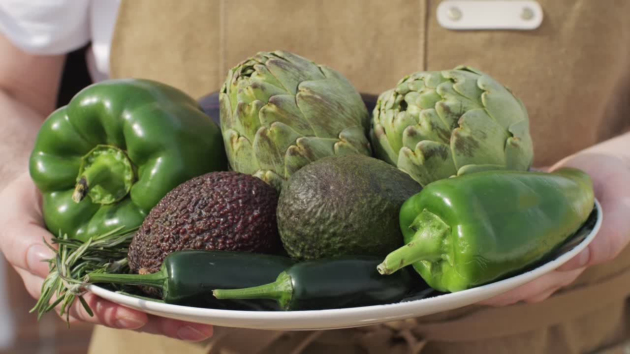 Vegan vegetarian bbq barbuque, grill Many various of green vegetables on plate close-up. Fresh artichoke, green pepper, zucchini, avocado. Cafe and restaurant food.