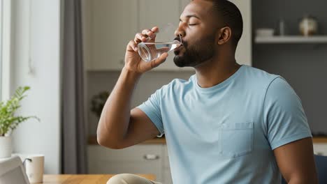 a man enjoying a refreshing glass of water at home, expressing relaxation and mindfulness while taking a moment for self-care and hydration.
