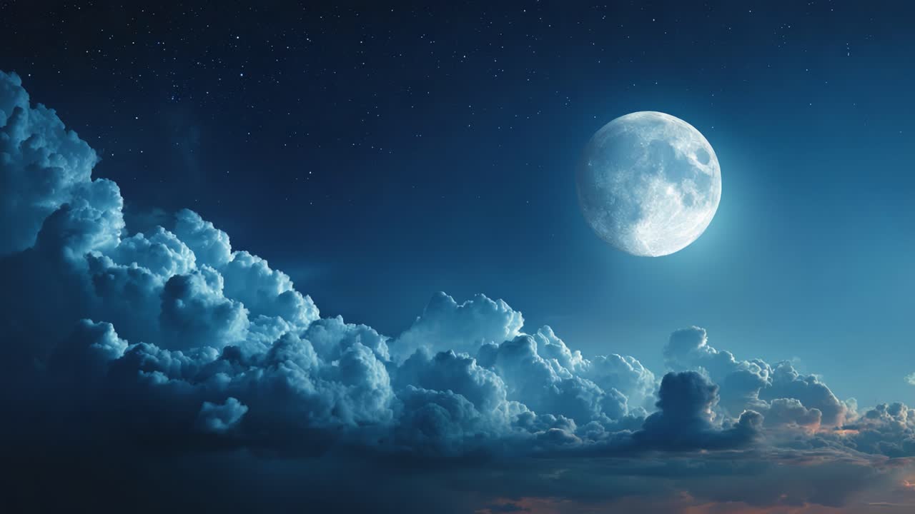 Pemandangan langit yang indah menampilkan bulan purnama bercahaya tinggi di langit malam, dikelilingi oleh awan tipis dan bintang yang tak terhitung jumlahnya, menciptakan suasana yang tenang dan damai