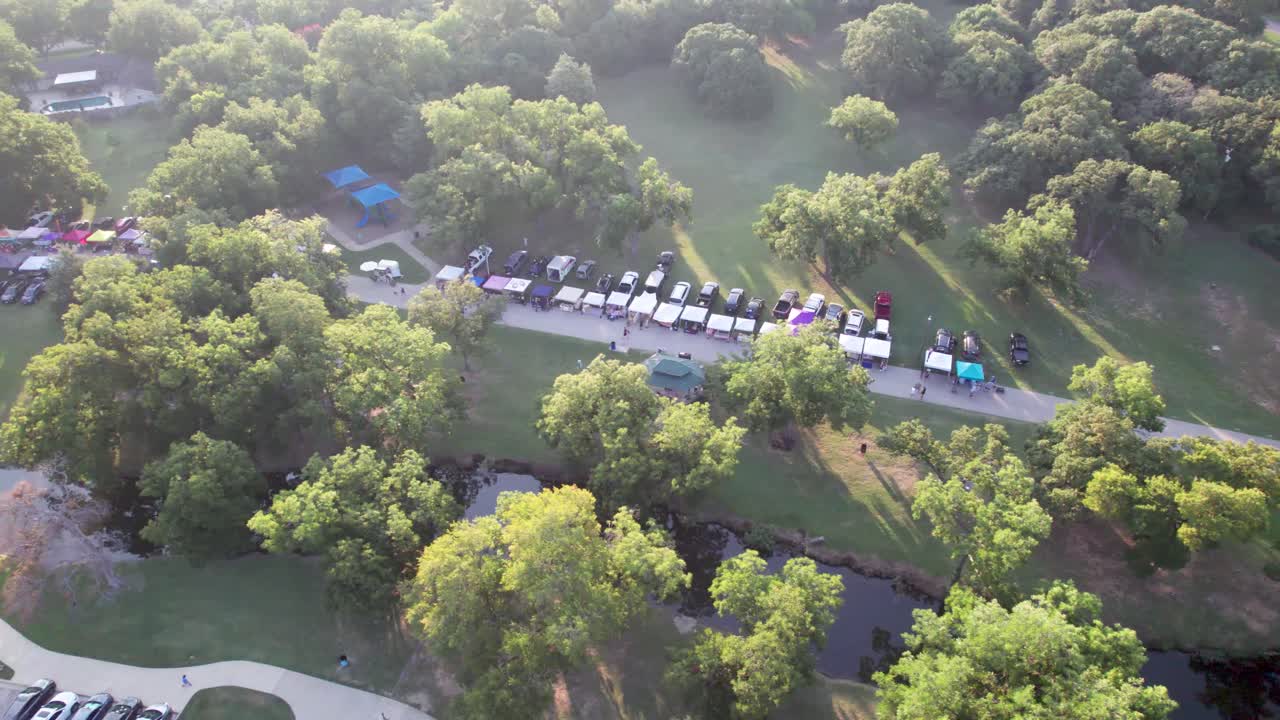 Aerial footage of the Farmers Market in Bear Creek Park, Keller, Texas
