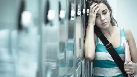 Animation-of-stressed-female-student-holding-head-and-leaning-on-lockers