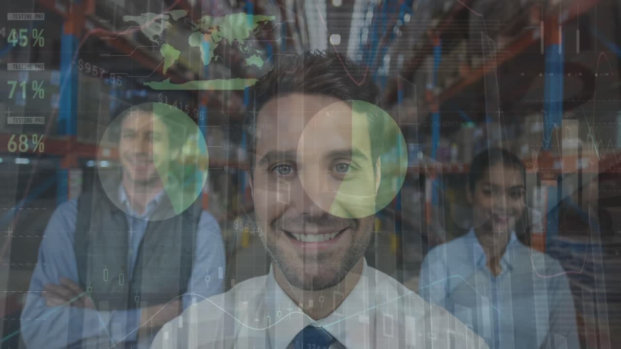 Animation of statistics and financial data processing over man working in warehouse