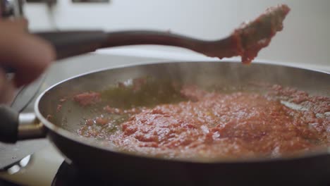 mezclando salsa en una sartén _ primer plano