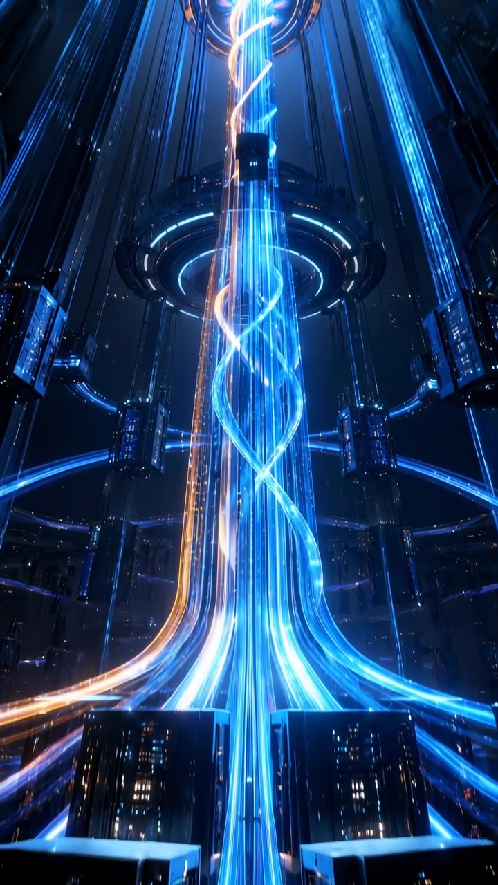 Bright light trails climb from the lower frame into a tall central column, crossing in smooth spirals as blue illumination fills a symmetrical metallic interior beneath glowing rings.