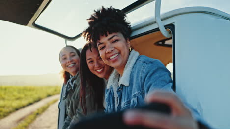 happy, road trip and friends smile for selfie