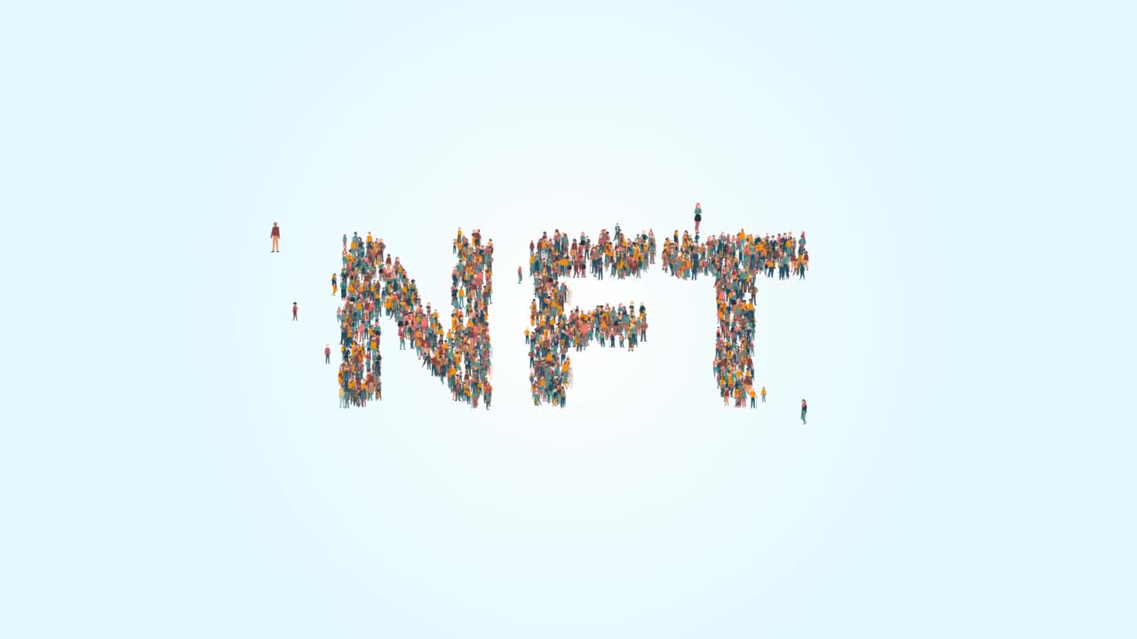 Crowd Of People Forming NFT Word Animation. Non Fungible Token. NFT MetaVerse Concept.