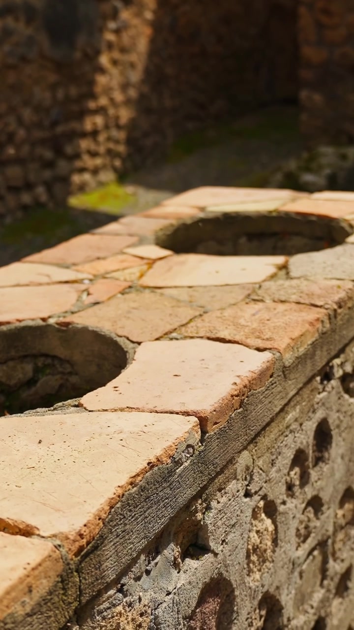 Primo piano verticale di un bancone di termopolio di Pompei con aperture circolari per i dolia, superficie piastrellata crepata, luce solare calda e antiche mura in pietra sfocate.