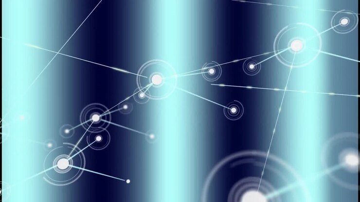 Animation of network of connections over blue glowing light trails against black background