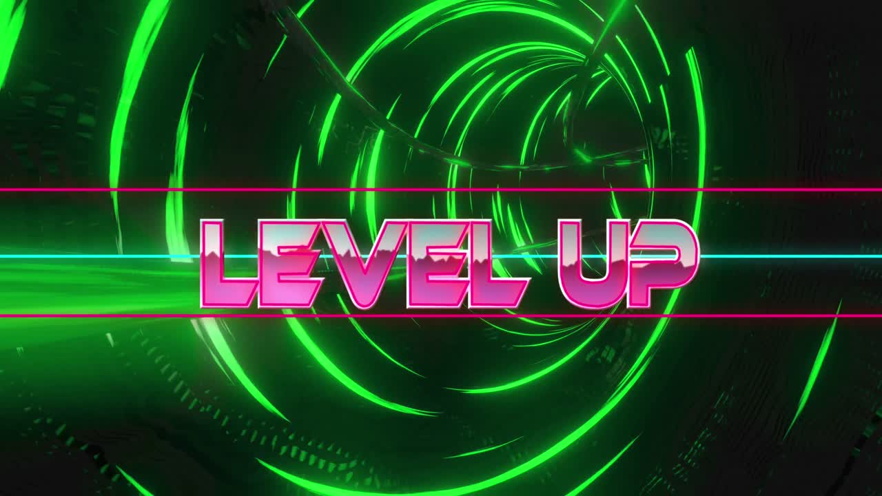 움직이는 디지털 터널 위에 레벨 업 텍스트의 애니메이션