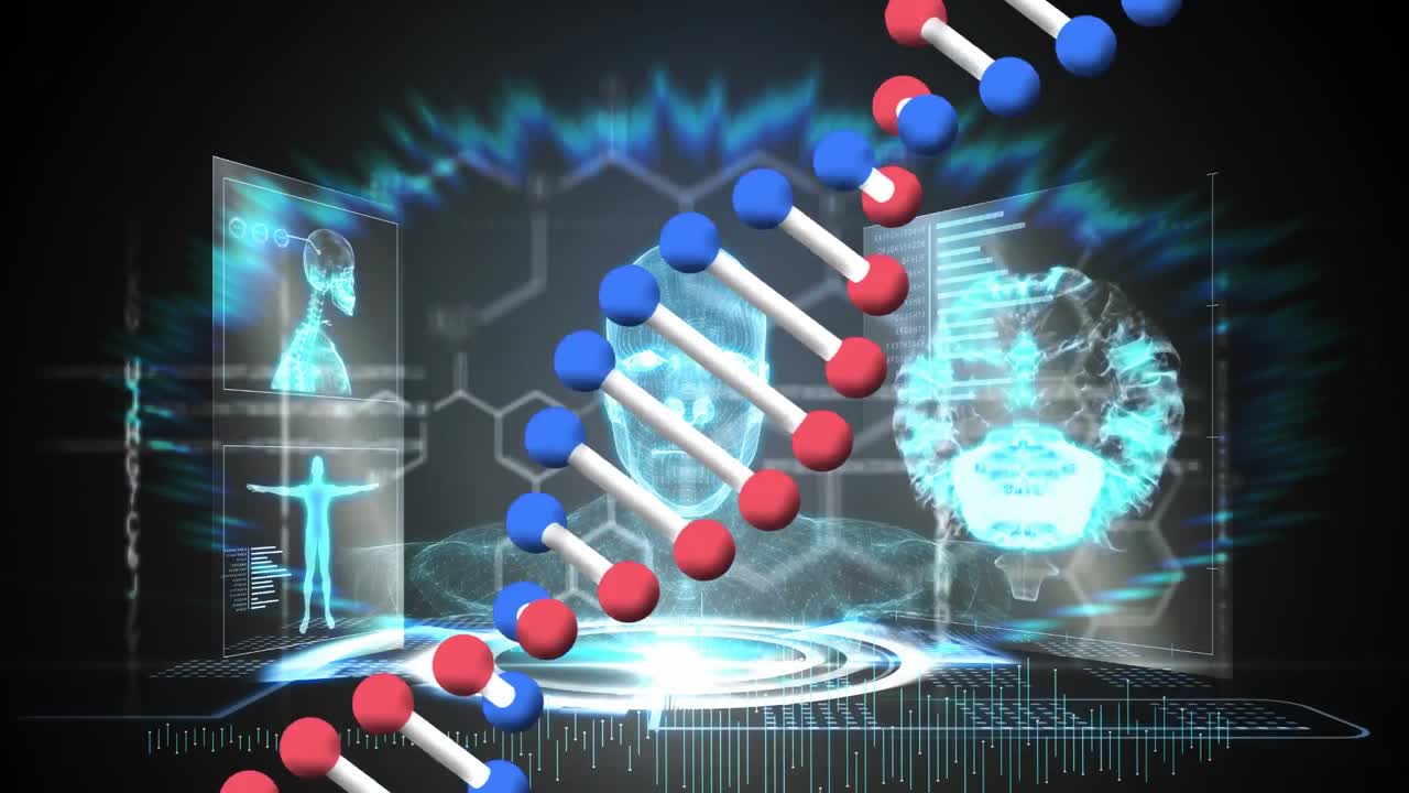 Digital animation of dna structure against screens with medical data processing on black background