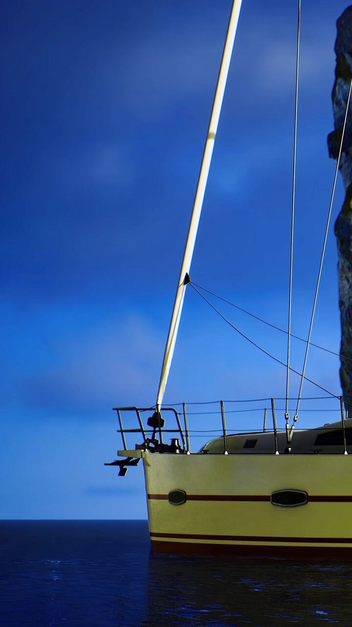 Barca a vela vicino a una scogliera rocciosa sotto un cielo blu al crepuscolo.