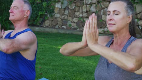 pareja de ancianos caucásicos practicando yoga juntos en el jardín