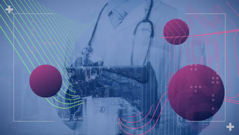 male doctor torso overlaying cityscape, featuring neon-green curves, pink circles, medical cross
