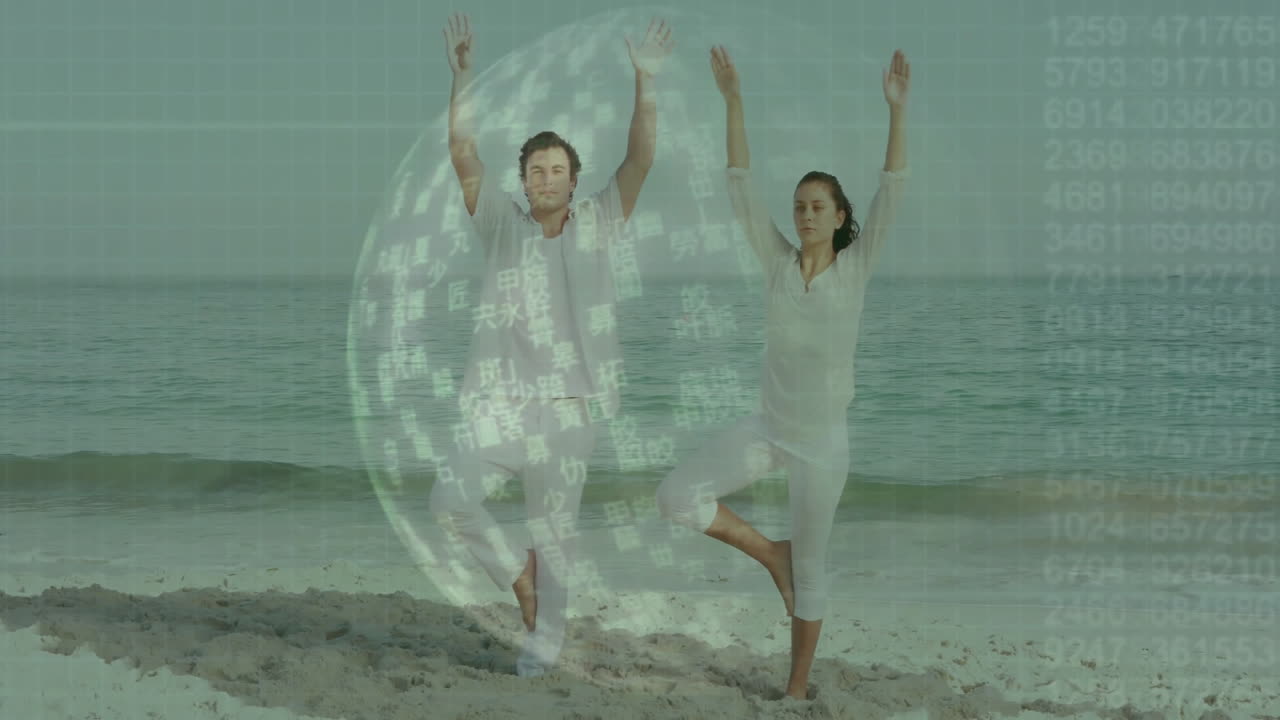 Practicing yoga on beach, people inside digital globe with data animation