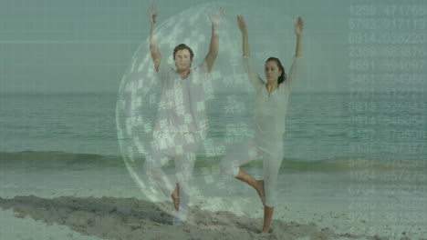 practicing yoga on beach, people inside digital globe with data animation